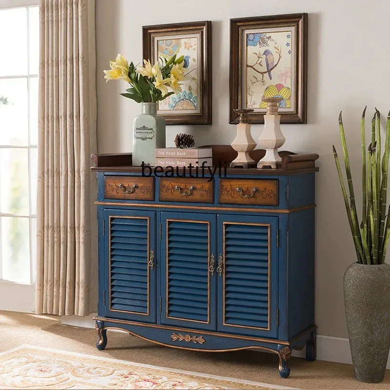 f09 American Style Shoe Cabinet Vintage Distressed Blue Shutter Breathable Shoe Rack Large Capacity Storage Cabinet Full Set
