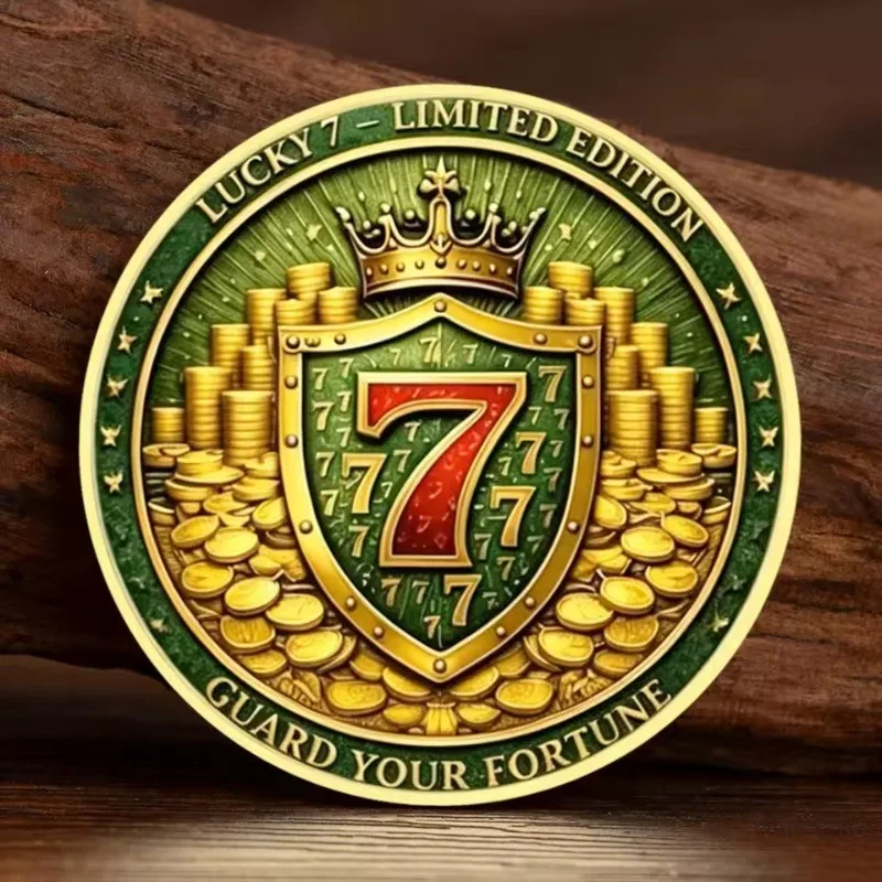2D Lucky Number 7 Unicorn Limited Edition Wealth Fortune Challenge Coin Green Gold Plated Metal Medal Shape Prosperity
