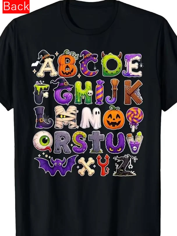 Halloween Alphabet Shirt Women Kindergarten Teacher ABC Tee Funny Pumpkin Ghost Graphic T Shirts Preschool Educator Gift Top