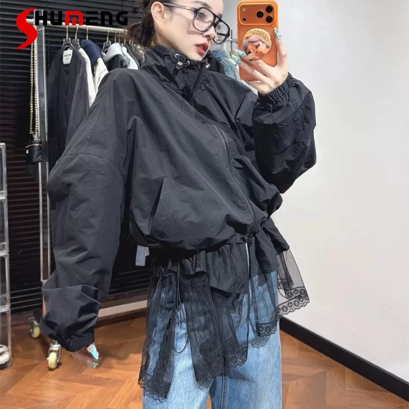 

Women's 2026 Spring Summer New Fashion Lace Splicing Stand Collar Jackets Women's Loose Versatile Jackets Tops Sunscreen Shirts