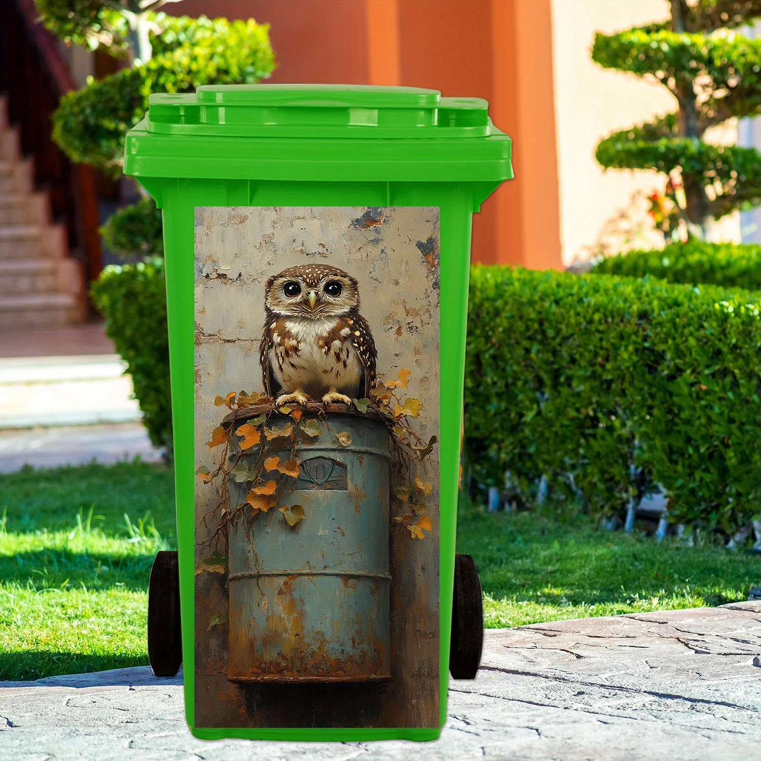 Vintage Oil‑Painting Owl Trash Can Sticker Size 70x31cm Distressed Rusty Iron Barrel With Cute Owl Pattern