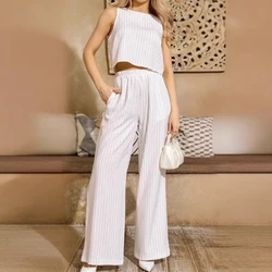 Striped Vest Top & Cuffed Pants Set Women Pant Sets Wide Leg Two Piece Set Single Breasted High Waist Elegant Trousers Suits Y2k