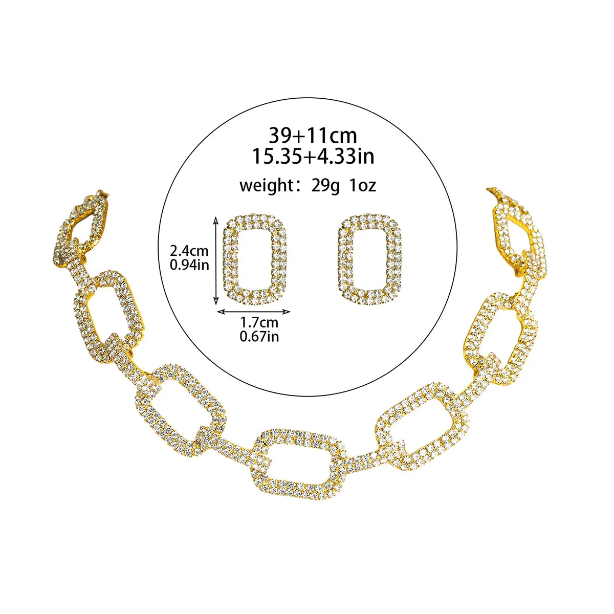 Rhinestone chain personality exaggerated super flash full diamond chain necklace earrings two-piece set item earrings