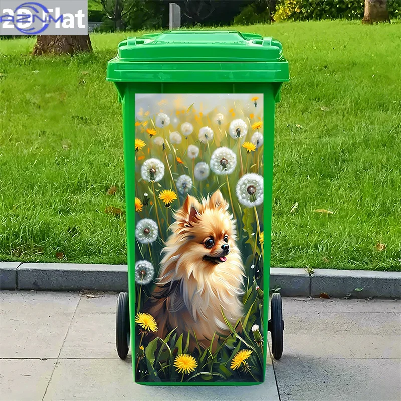 1pc Vibrant Pomeranian in Dandelion Field Design Waterproof PVC Backlit Trash Can Stickers, Wall Decals, Home Art Decor, DIY M