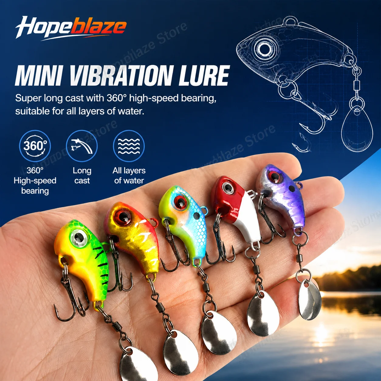 Leurre de pêche vibrant Hopeblaze VIB 360 °   Lame rotative en métal, anti-corrosion, adaptée au black-bass, au brochet, au zander, à la truite