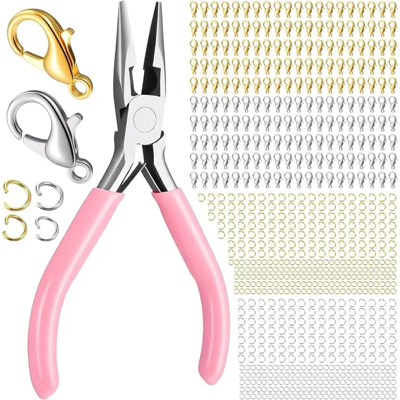 A01F-Lobster Claw Clasps And Open Jump Rings(1000 Pieces) With Nose Pliers- For DIY Jewelry Making Necklaces And Closures Set