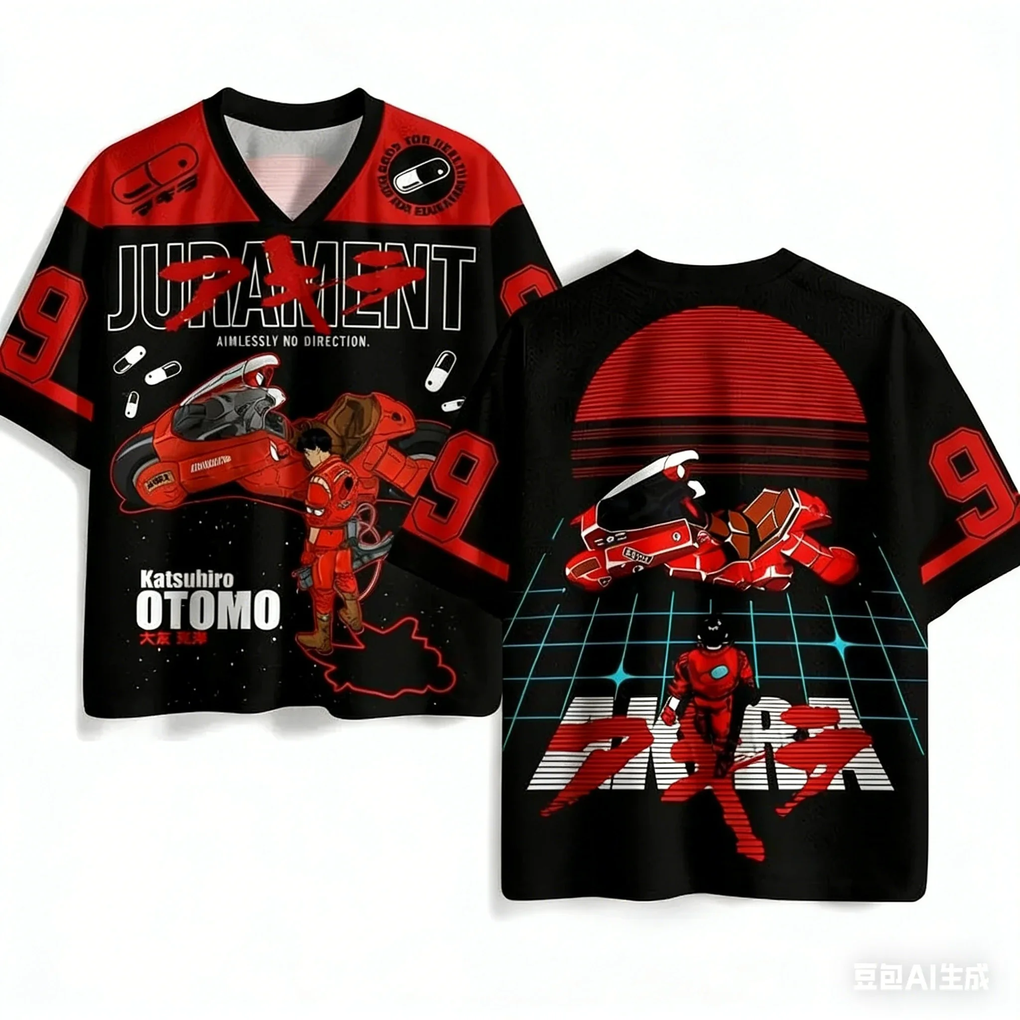 Modisches Akira 3D-gedrucktes, atmungsaktives, schnell trocknendes Sport-T-Shirt mit V-Ausschnitt für Herren und Damen – Outdoor-Hip-Hop-Y2K-Trend-Familienmantel – Detail 10