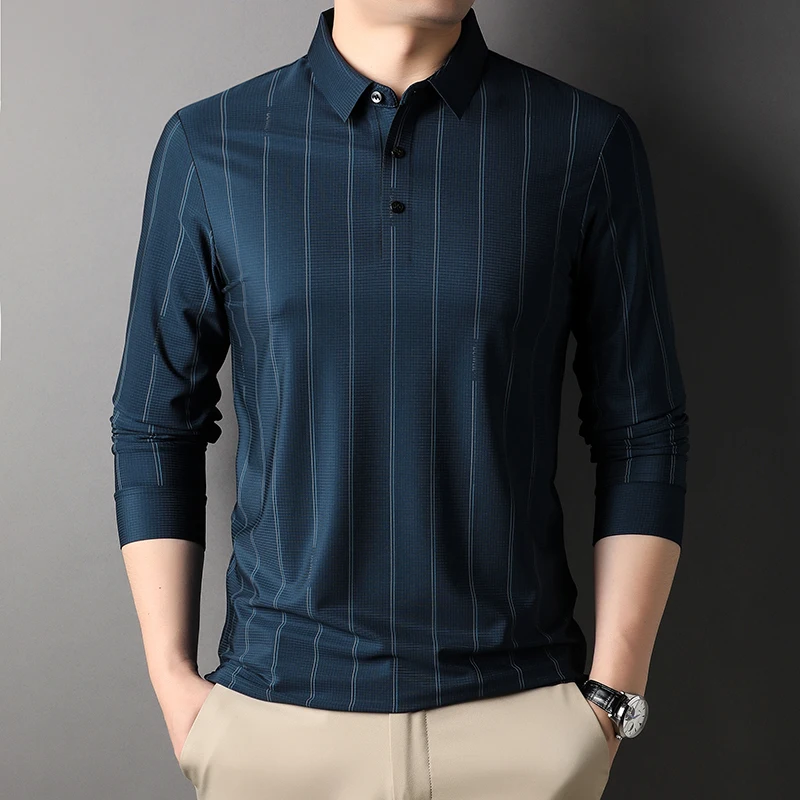 

New Long Sleeve Men's Polo Shirts High Quality Vertical Stripe Business Casual Male Polo Shirts Spring Autumn Simple Man Tees