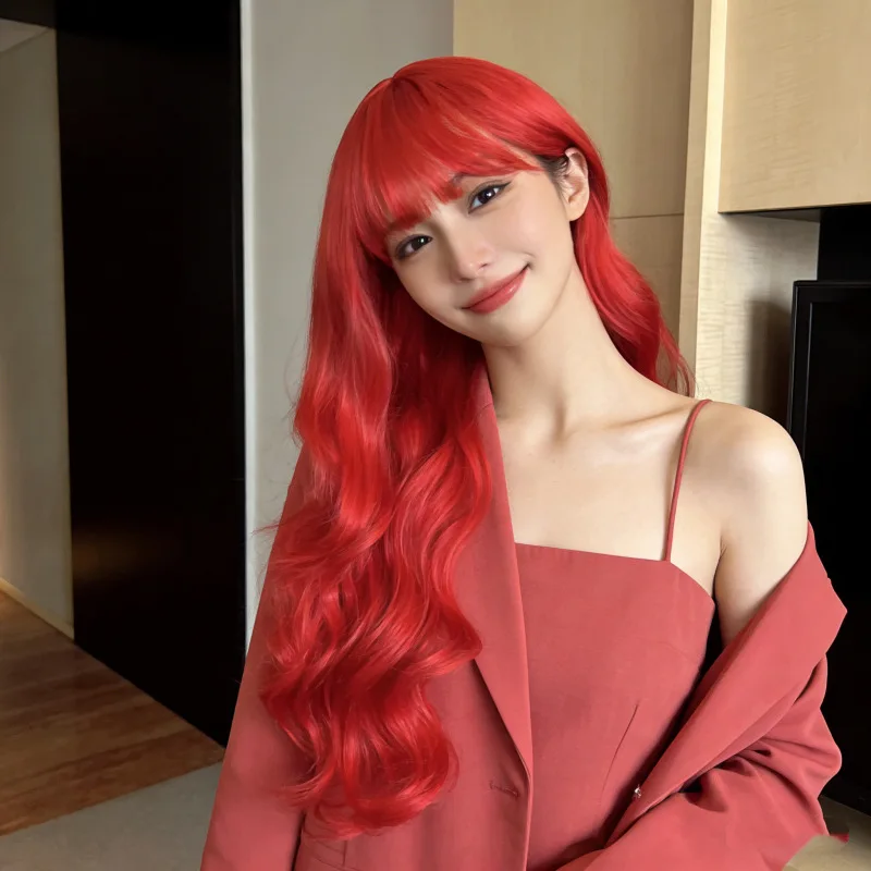 Red long wavy curly hair synthetic wig - Halloween cosplay character costume wig - Daily wig - High-temperature silk wig set