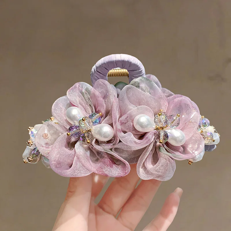 Organza Flower Hair Claws Handmade Pearl Crystal Shark Clip Hair Barrettes Fashion Hair ClipWedding Party Hair Accessories