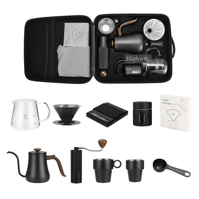 New Arrival All In 1 Leather Case Portable Manual Coffee Grinder Pour Over Coffee Maker Set