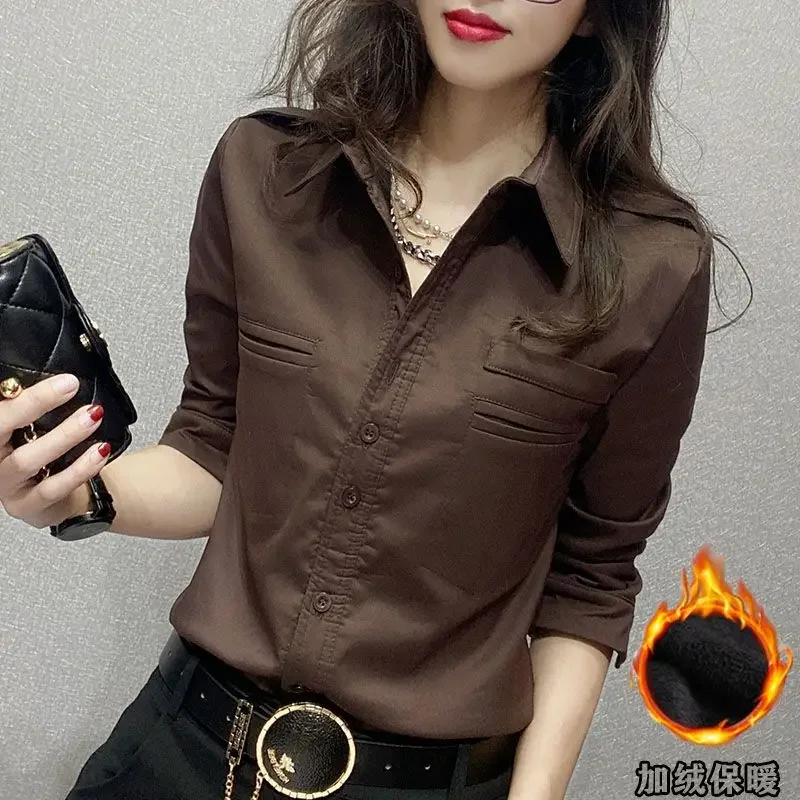 

Autumn Winter Women Clothing Fleece Shirt Long Sleeve Slim Fit Shirts Office Ladies Blouse Design Business Workwear Tops New