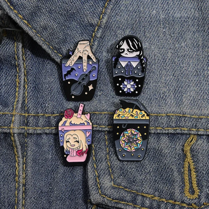 Pins for Backpacks Cartoon Rose Milk Tea Cup Alloy Brooch Halloween Girl Baking Paint Badge Clothing Accessory Buckle