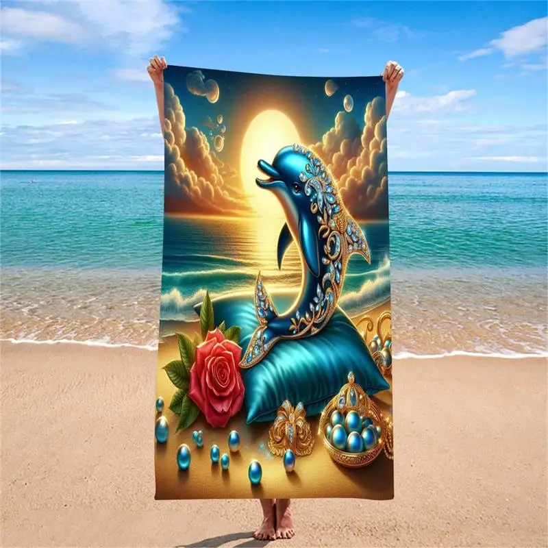 1PC Gold-Embellished Dolphin Beach Towel High-End Summer Beach Snapping Tool Quick-Dry Towel for Outdoor Picnics And Water Sport