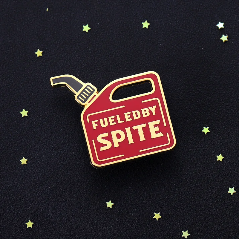 Novelty FUELED BY SPITE Enamel Pin Cartoon Gas Can Metal Badge Brooch for Jewelry Accessory