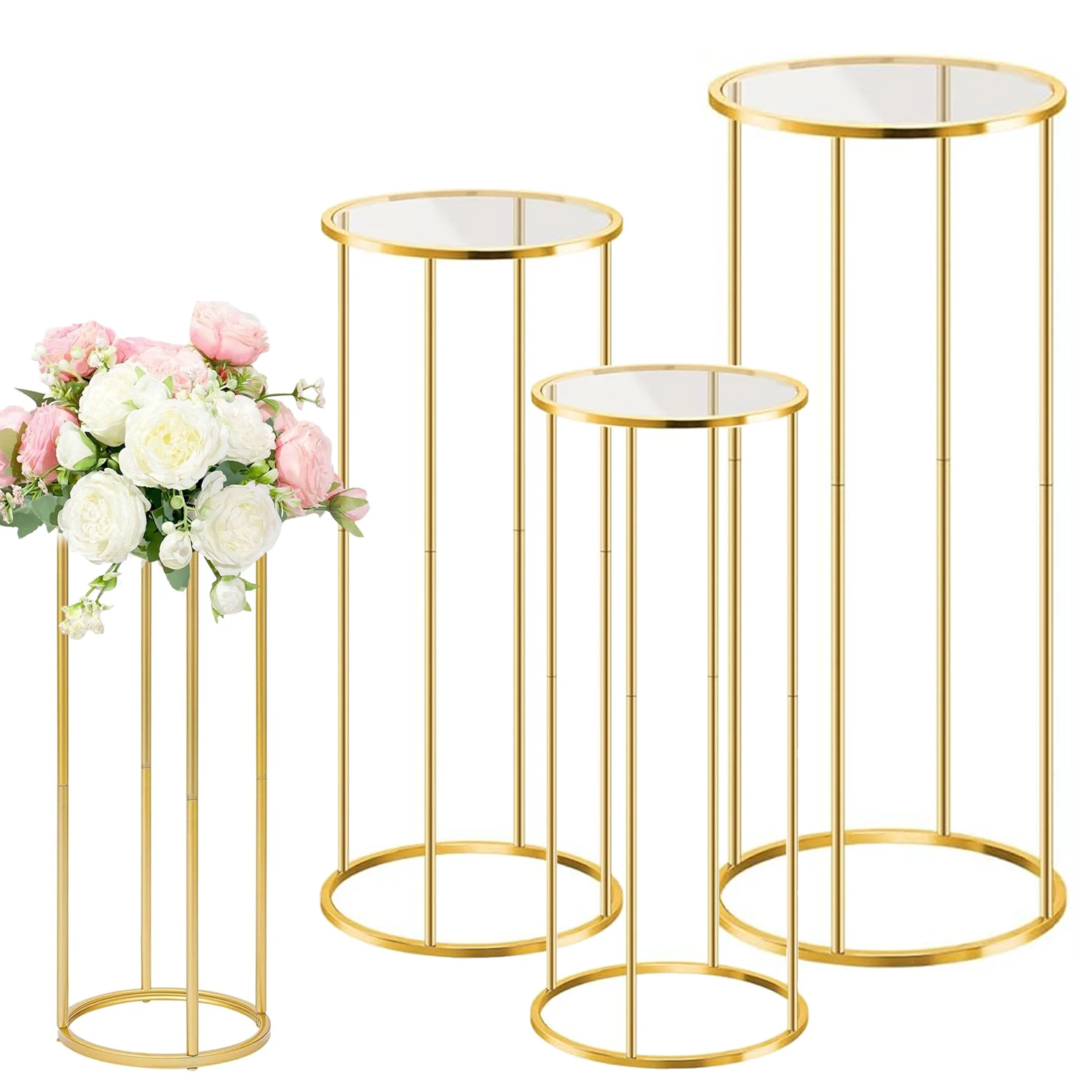 Soportes de mesa cilíndricos versátiles de 3 niveles: base de metal resistente para buffet de postre, arreglos florales, fiesta