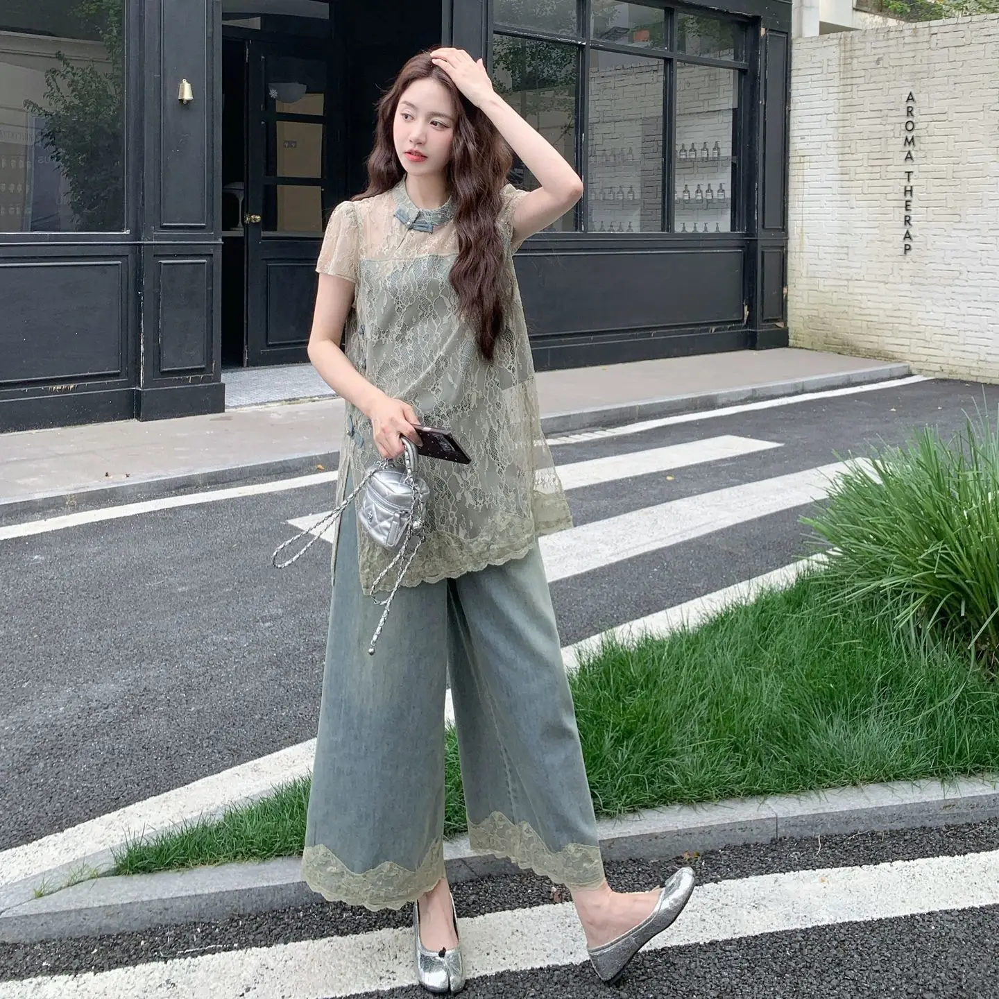 

Lace Top Wide Leg Pants Set For Women 2026 New Women's Summer Button Up Jeans Two-piece Set