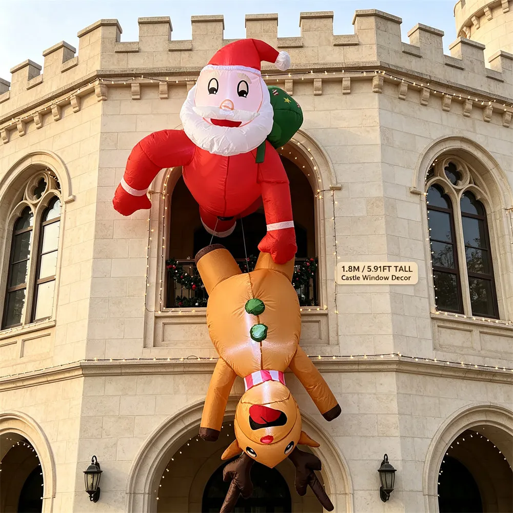 1.8M Inflatable Santa & Reindeer Christmas Window Decor built-in LED Light for Xmas Outdoor Eaves Holiday Party Decoration Props