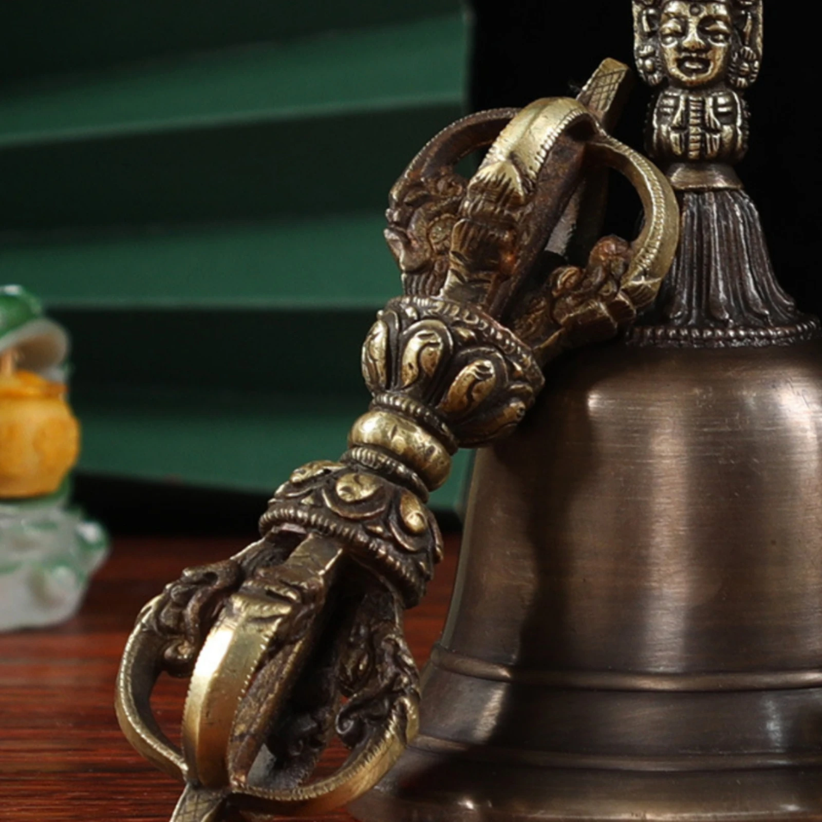 Vajra Bell Bronze-Colored Bell with Vajra Handle Ornate Decorative for Meditators, Chanting, Meditation