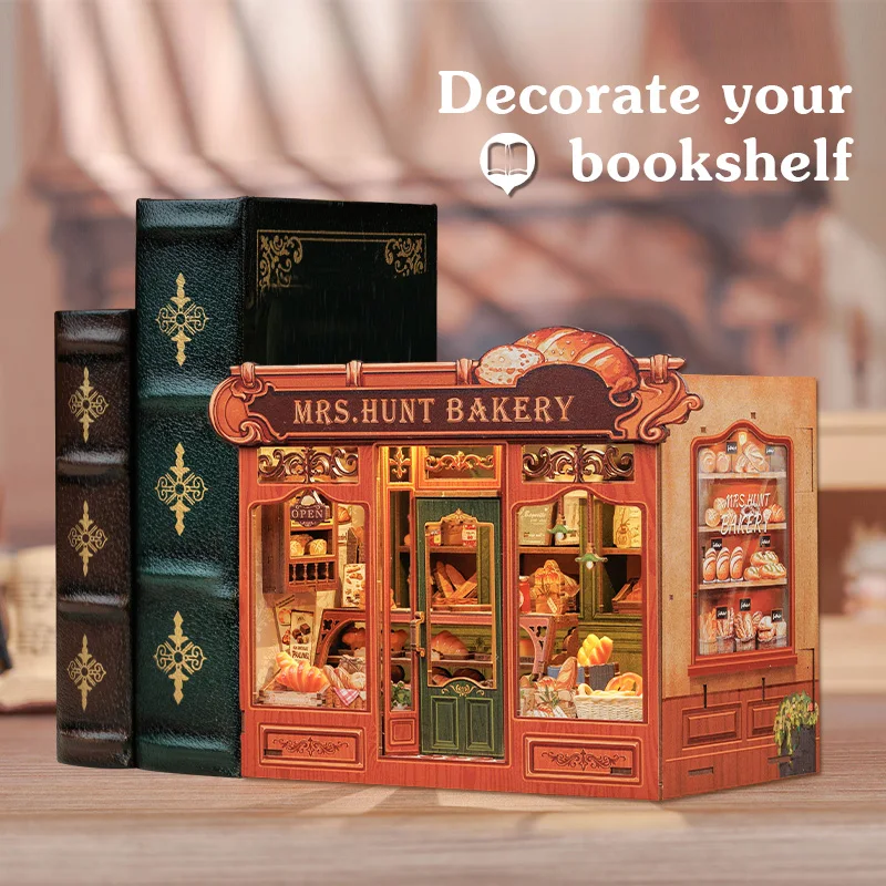CUTEBEE Book Nook Kit 3D DIY Dollhouse with LED Light Bookshelf Insert Street Shop Series Miniature Model For Home Party Decor