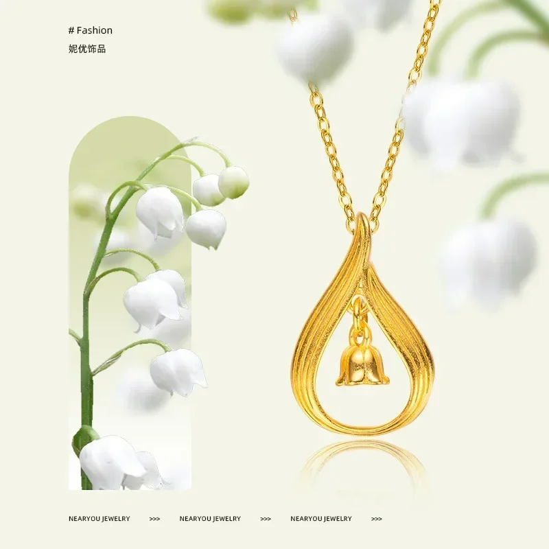 9999 Real Gold 24K Elegant and Pure Lily of the Valley Clavicle Necklace Niche Lily Flower Water Drop Clavicle Necklace Ladies