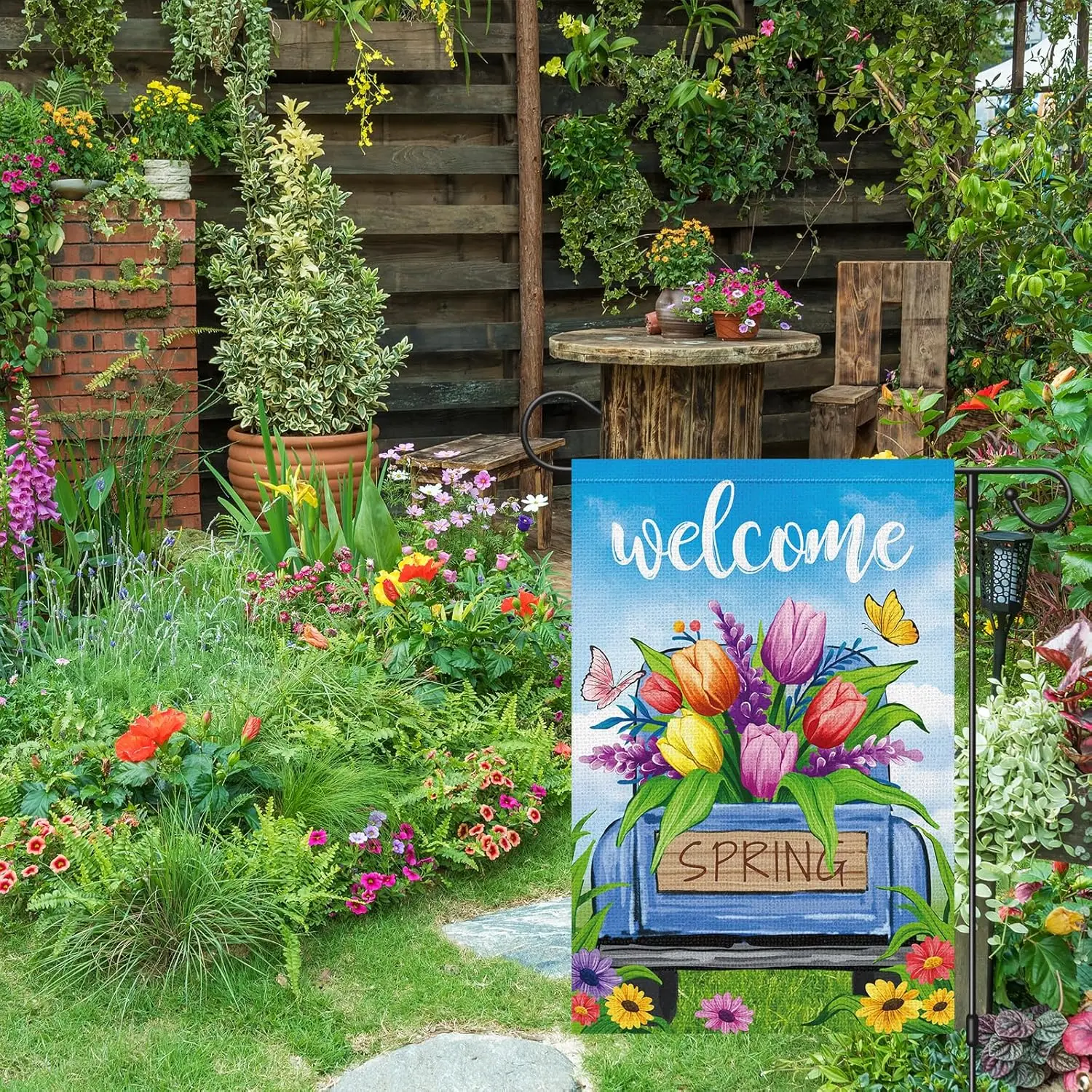 Welcome Spring Garden Flag 12x18 Inch Double Sided Vertical, Burlap Small Truck Flower Flag Farmhouse Yard Outside Seasonal  yyi