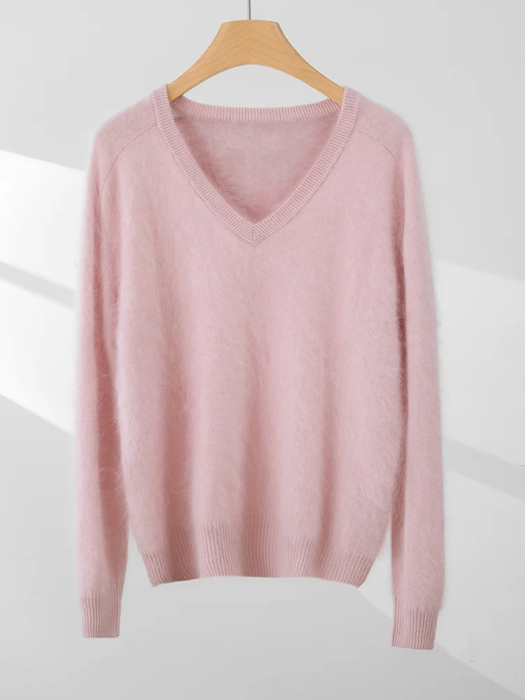 

Women 100% Cashmere Sweater Fleece V-Neck Pullovers Sweater Fleece Knit Winter New High-End Clothes Long Sleeve Warm Solid Tops