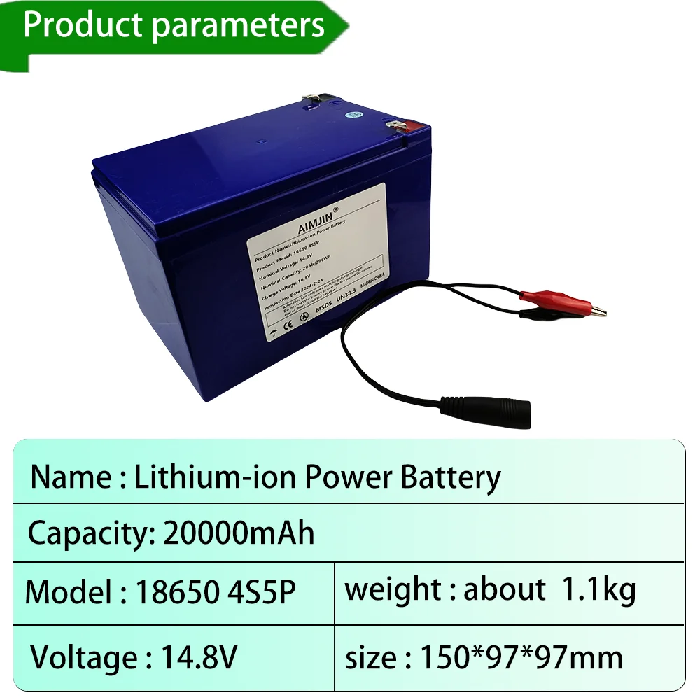 14.8V 20Ah 18650 4S5P Lithium-ion Battery Pack Built in BMS Suitable for 16.8V Equipment High-power Inverter Tourist Car Solar