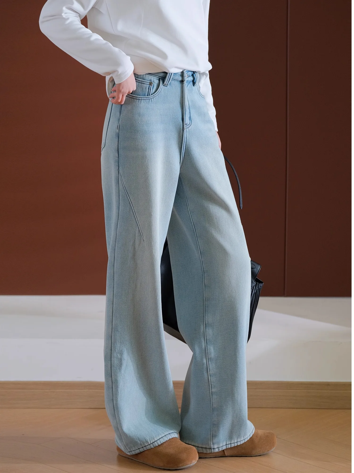 

Pure Cotton Fce Lined Loose Straight Leg Jeans Women's Wide Leg Pants Casual Comfortable Vintage Lazy Feeling