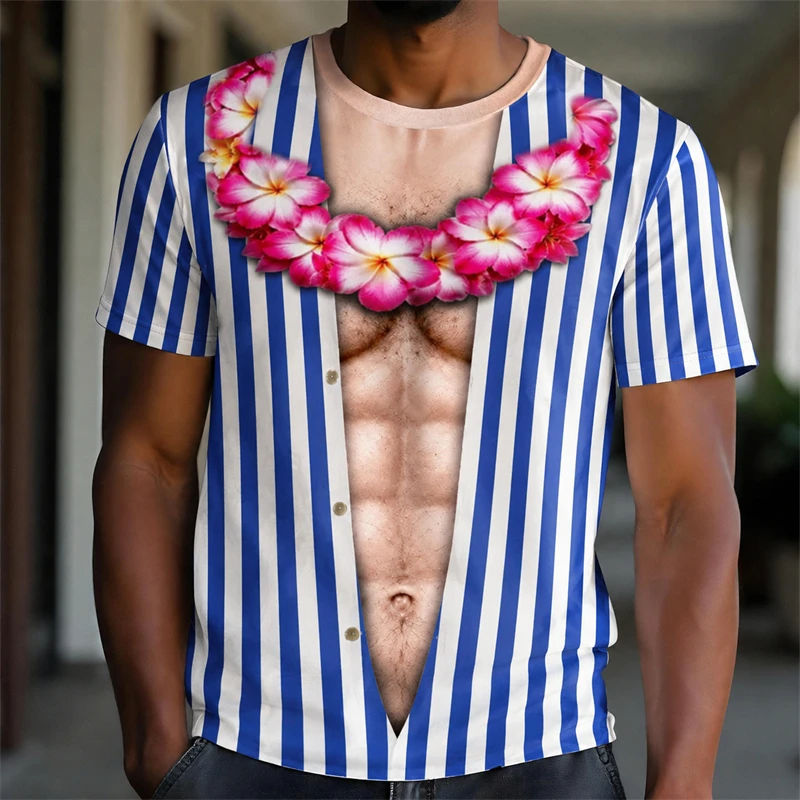 Novelty Fake Chest Skin Visual Print Funny T Shirt Men Hawaii Tropical Floral Seaside Landscape Short Sleeve Casual Tee Summer