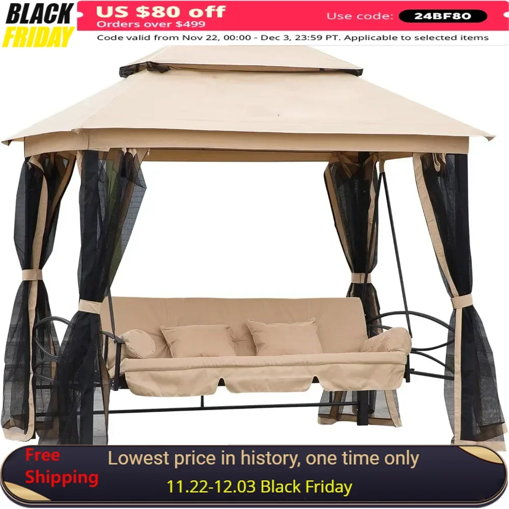 3-Seat Patio Swing Chair, Outdoor Gazebo Swing with Double Tier Canopy, Mesh Sidewalls, Cushioned Seat and Pillows