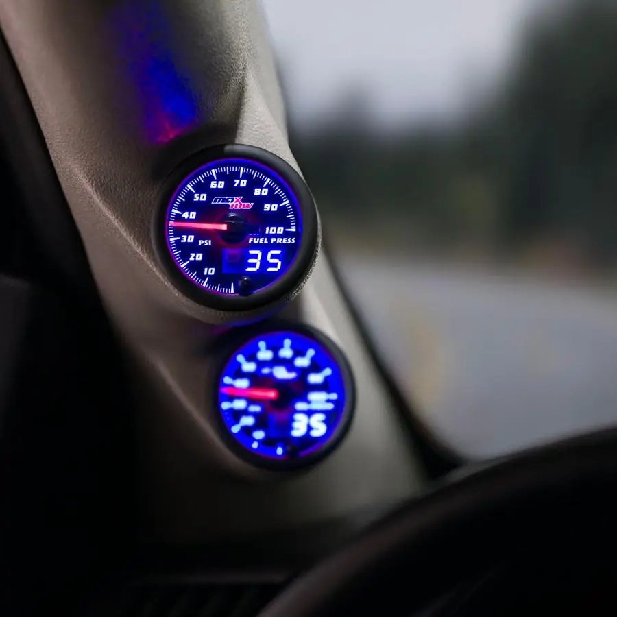 مجموعة قياس ضغط الوقود ذات الرؤية المزدوجة 100 رطل لكل بوصة مربعة تتضمن 1 827 NPT مستشعر إلكتروني أمبير أسلاك قرص أسود إضاءة LED زرقاء أنالو #2