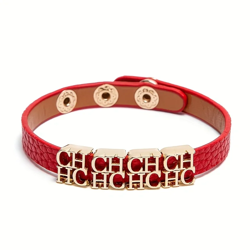 CH Fashionable Leather Bracelet with Gold Metal Letter Charms Adjustable Snap Button Closure Trendy Accessory Women