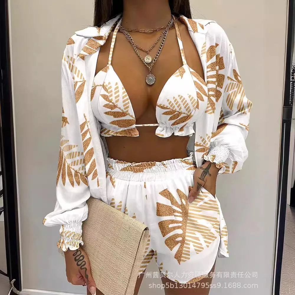 Lantern Sleeve Shirt & Plants Print Pocket Shorts Sets with Frill Hem Crop Top Women 3PCS Tracksuit Streetwear Y2k Elegant