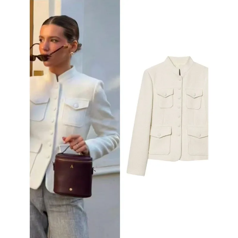 

Cream Stand Collar Structured Shoulder Jacket Pocket Trim Button Down Slim Fit Short Blazer Elegant Office Coat Spring Autumn