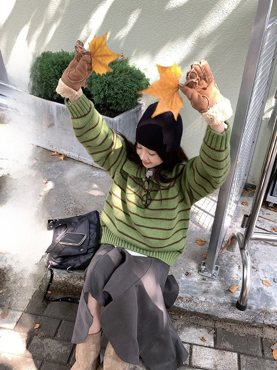 

Женский вязаный свитер Sinbounboun с воротником и полосками, длинный рукав, многослойный, винтажный, в стиле преппи, теплый, осенне-зимний топ