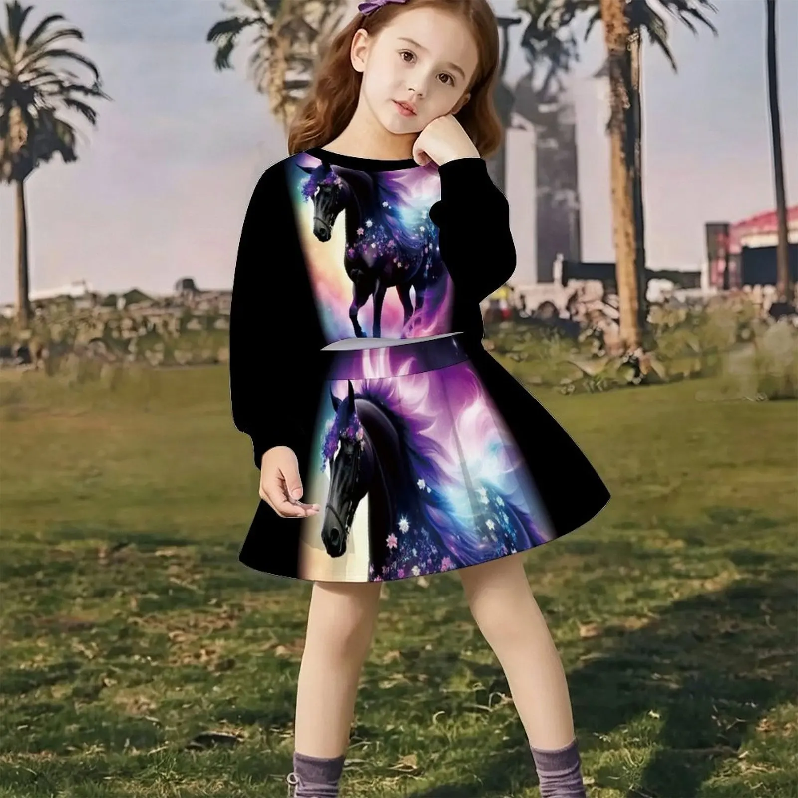 Lovely Kawaii Fairy Style Girls Outfit Long Sleeve Print Top A-line Skirt  Soft Breathable  For Wedding Flower Girl Party