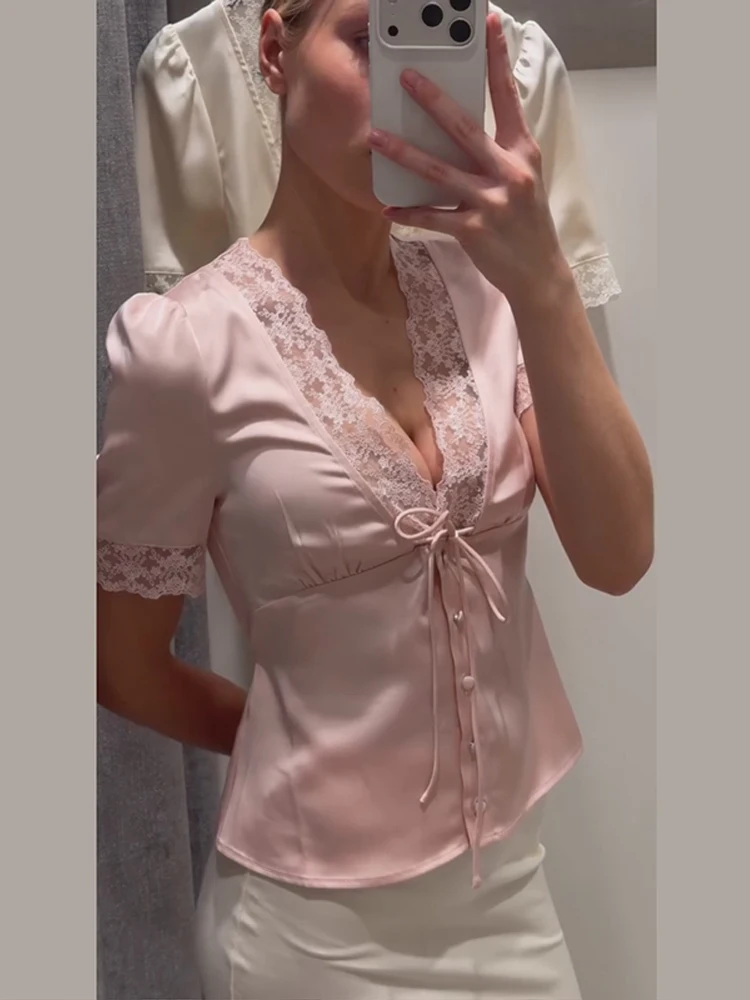 Lace Deep V-neck Women's Tops Single Breasted Patchwork Lace Up Short Sleeve High Street Fashion Casual Shirts 2026 Summer