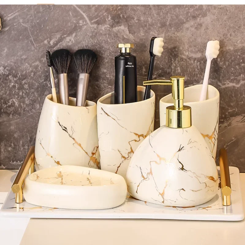 Bathroom Accessories Set Ceramic  Toothpaste Dispenser  Bathroom Cup  Toothbrush Holder Soap Dish Nordic Platinum Marble Texture