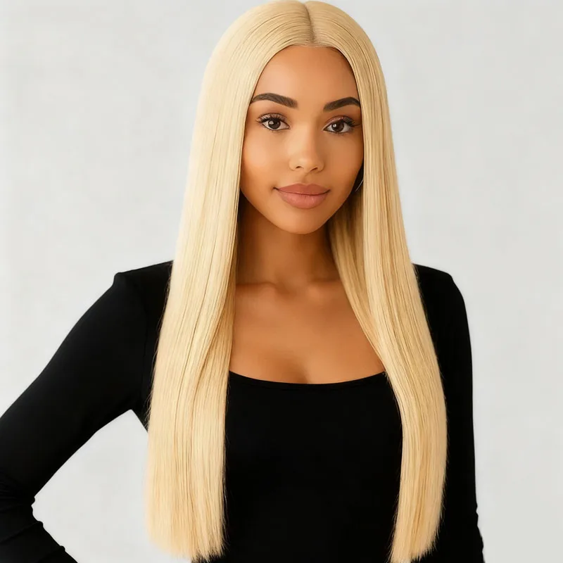 28 inch gold center straight synthetic wig, suitable for daily use at carnival parties, soft and elegant for all women