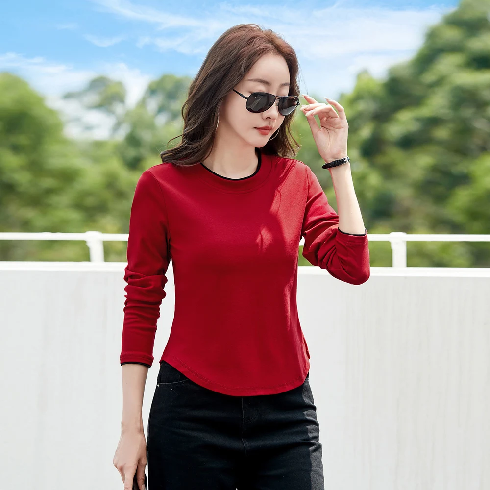 

Wine red long sleeved T-shirt for women's spring and autumn new high-end cotton fashion plus size round neck casual top