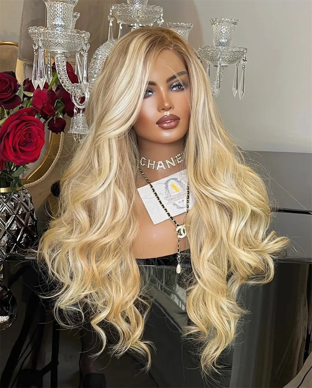 26inch HD Synthetic Lace Front Wig 13x4 Glueless Gold Blonde Highlighted Loose Wave Free Part Ash Root Melt for Women Daily Wear