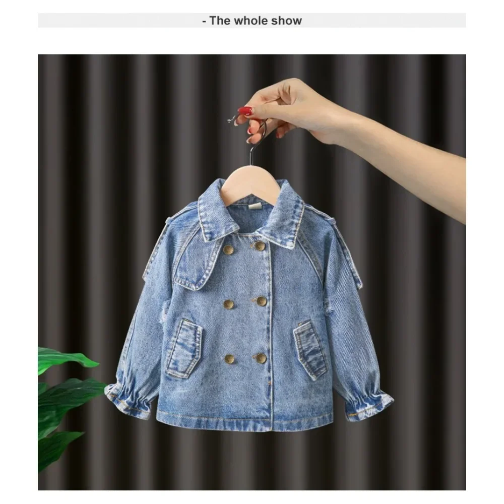 2024 New Girls Denim Jacket Spring and Autumn Clothes Children\'s Fashionable Korean Style Baby Girl Embroidered Lace Top