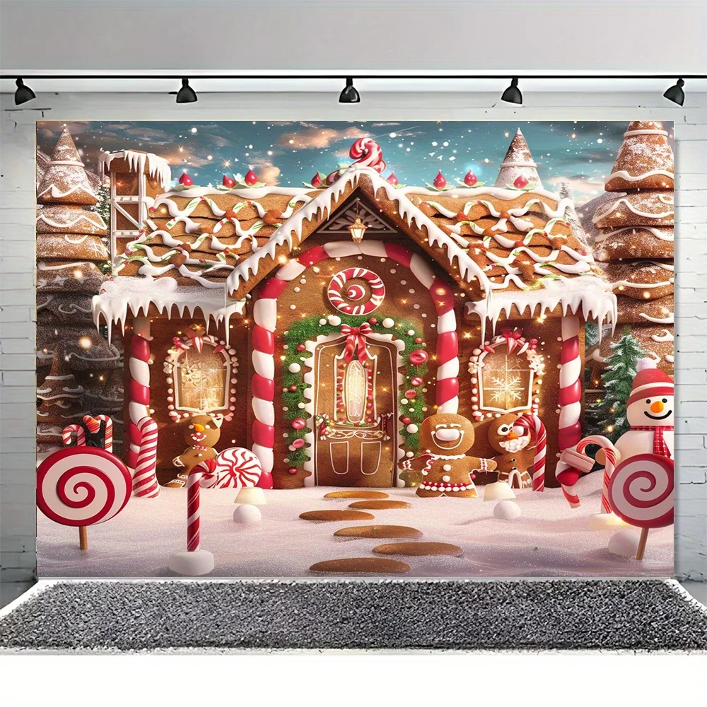 Merry Christmas gingerbread House with Snowy Tree Background cloth - Polyester party decoration, photography background banner