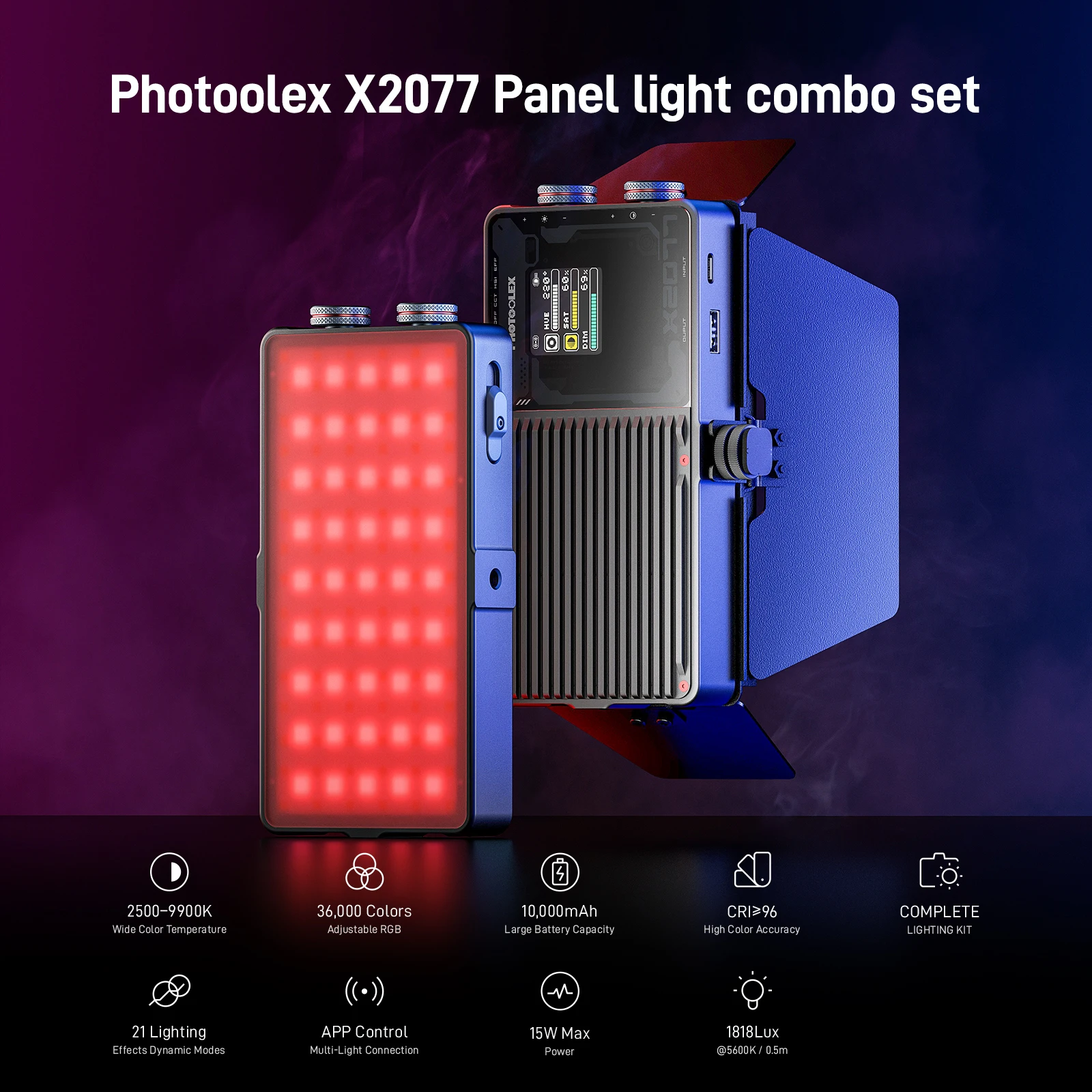 PHOTOOLEX X2077 Pocket RGB Color LED Light Photography Panel Video Light 2500K-9900K 10000mAh Battery RI 96+ 15W for TiKTiok