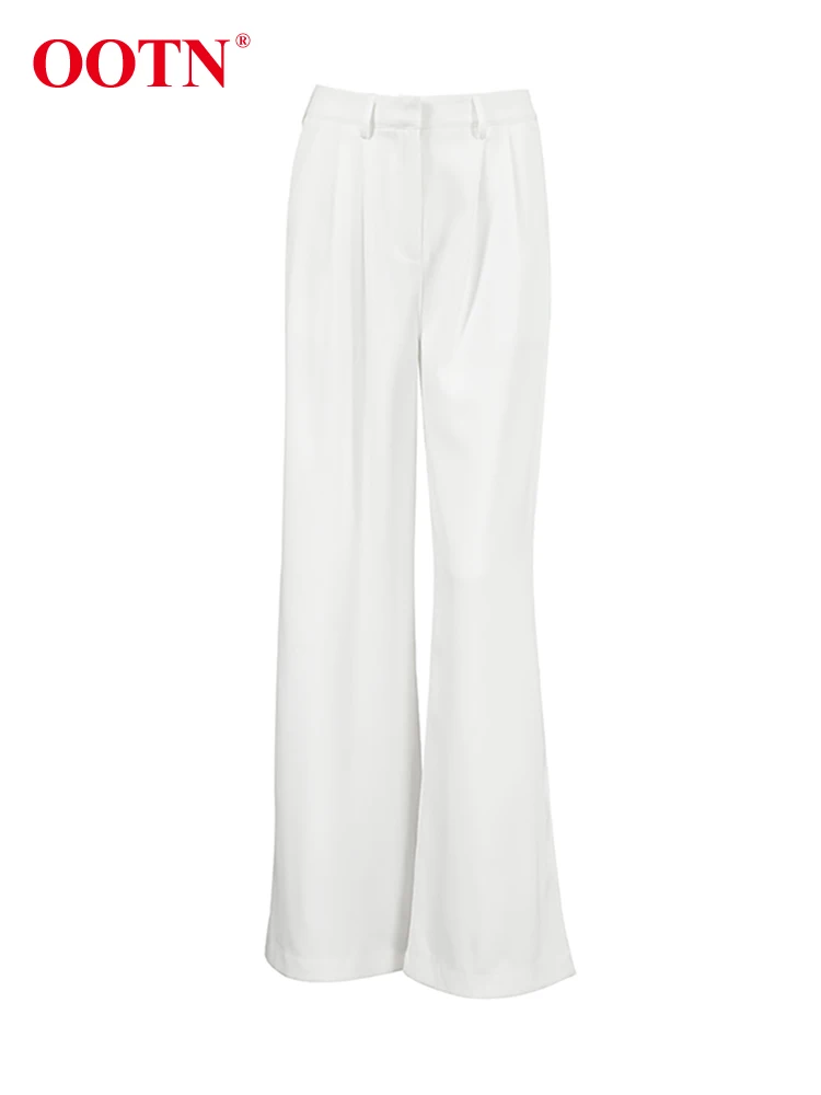 OOTN White Satin High Waist Pants Elegant Women Floor-Length Pleated Trousers Office Ladies Baggy Pants Summer Autumn Thin 2024