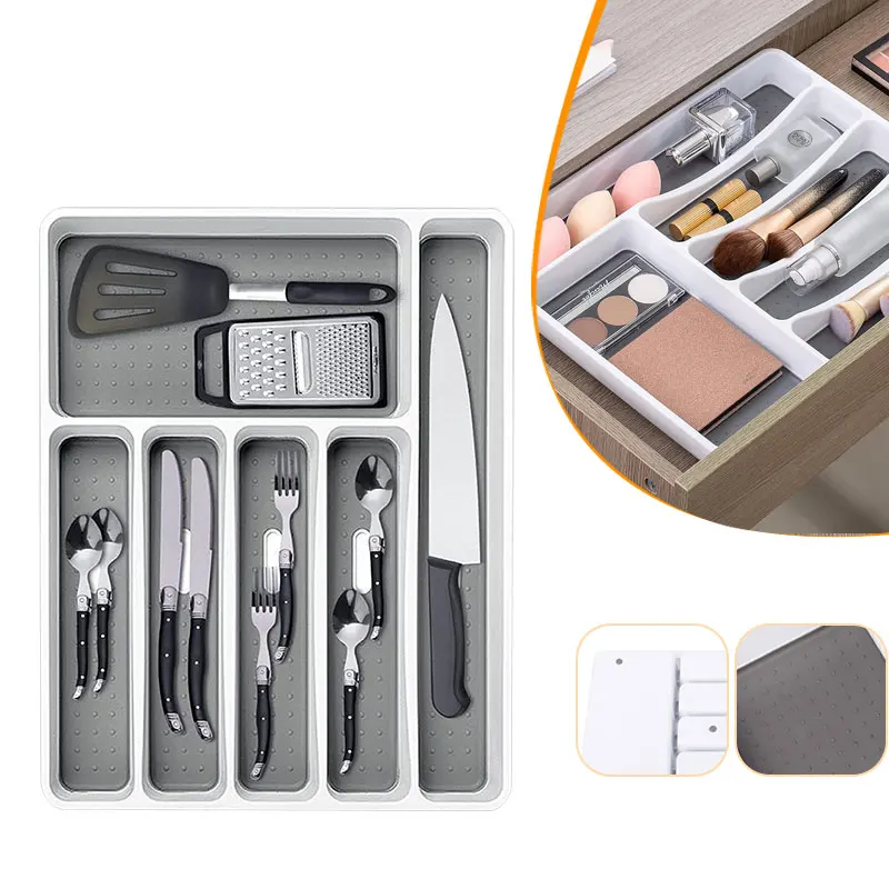 

Plastic 6 Compartment Silverware Drawer Organizer Non Slip Utensil Tray Narrow Kitchen Cutlery Tray Drawer Organizers