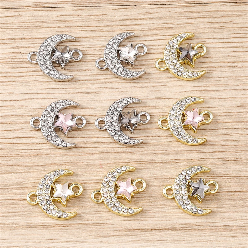 5 Stück 14x12mm Niedliche Kristall-Legierungs-Mond-Stern-Anhänger Verbinder für Schmuckherstellung DIY Armbänder Halsketten Handgemachte Bastelarbeiten Geschenke – Detail 2