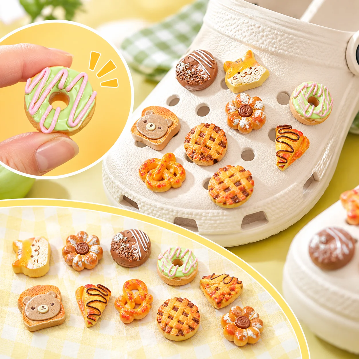 16pcs Mixed Bakery Food Resin Shoe Charms - Cute Bread & Pastry Decor for Clogs & Beach Bags