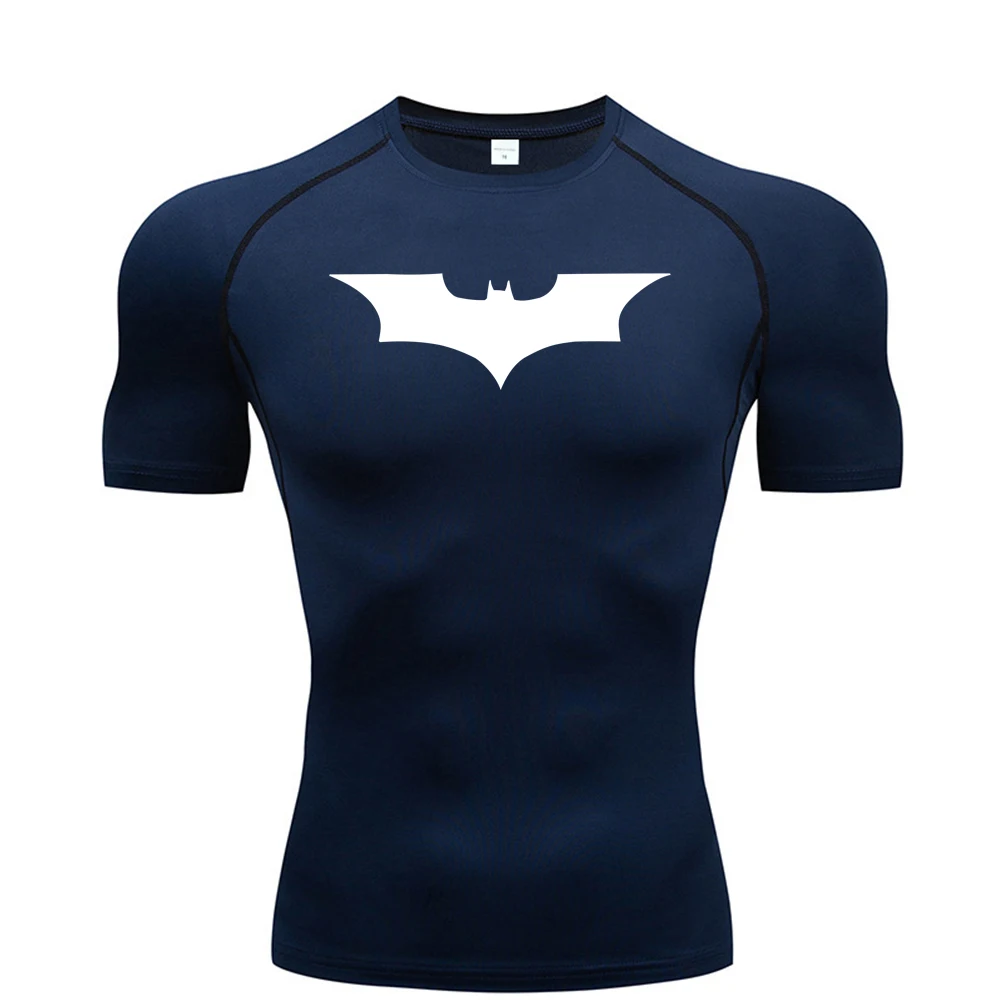 Enges T-Shirt für Herren, Laufkompressions-T-Shirt, Fitnessstudio, Fitness, Joggen, kurze Fledermaus, bedruckte Ärmel, männliche Freizeitoberteile